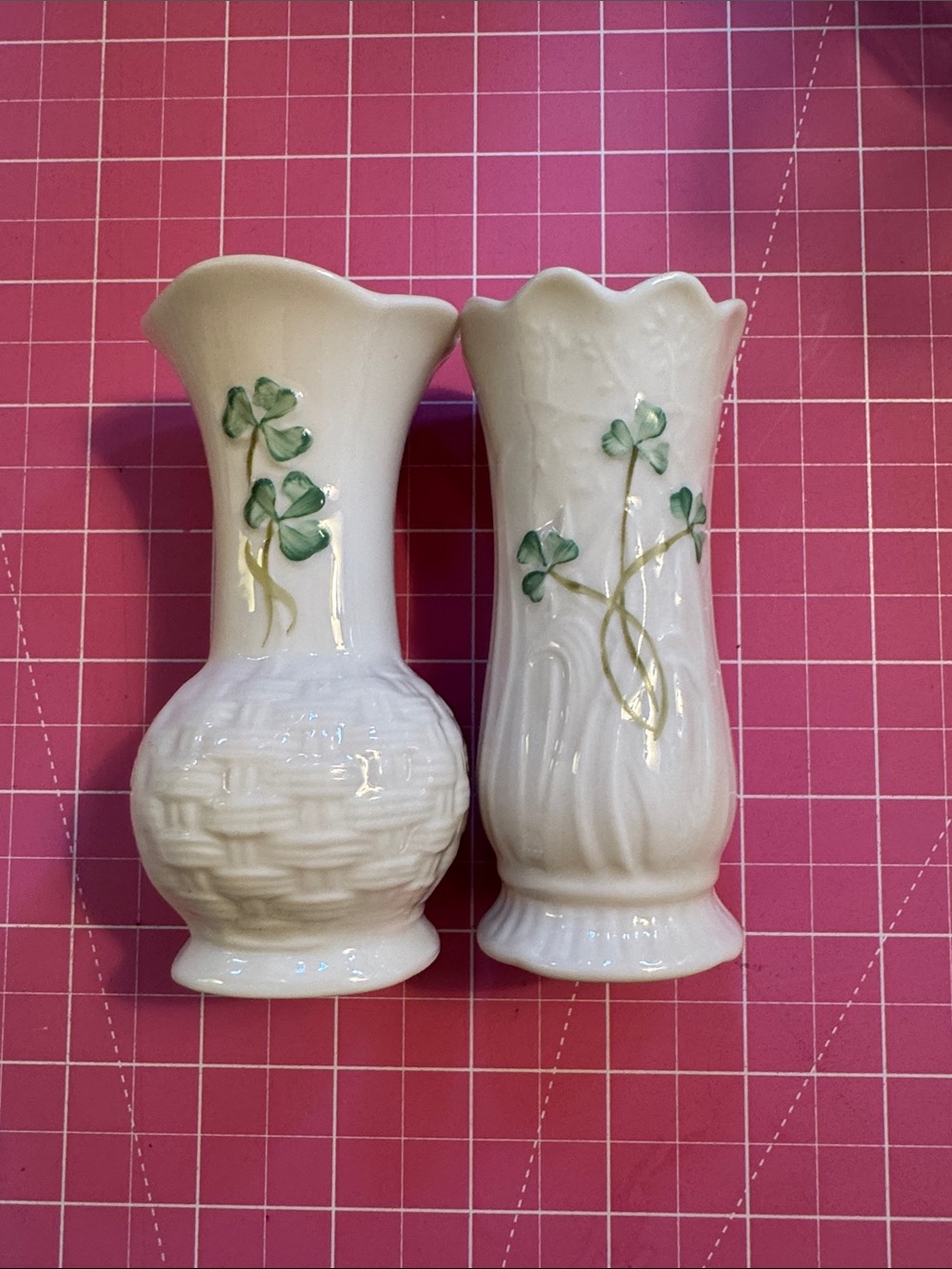 Belleek White Ceramic Bud Vases with Green Clover Accents - Pair - Picture 4 of 6